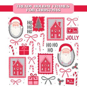 Könnte beinhalten: Eine Sammlung von rot-rosa Weihnachtsbildern. Das Bild enthält Weihnachtsmannporträts, Häuser, Schleifen, Zuckerstangen, Geschenkboxen und den Text "TRENDY HOLIDAY FRAMES FOR CHRISTMAS", "HO HO HO", "TO SANTA" und "JOLLY".