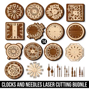 Puede incluir: Una colección de esferas de reloj y manecillas de madera cortadas con láser en varias formas y diseños. Los relojes incluyen formas redondas, cuadradas y octogonales, con números romanos y patrones intrincados. El texto en la parte inferior dice "CLOCKS AND NEEDLES LASER CUTTING BUDNLE."