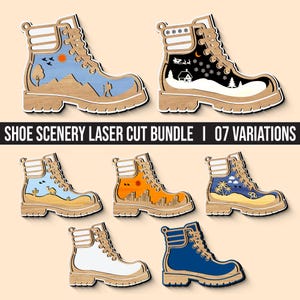 May include: A collection of laser-cut wooden boot-shaped ornaments, each featuring a unique scenic design. The boots showcase landscapes like mountains, deserts, cityscapes, and beach scenes. The text "SHOE SCENERY LASER CUT BUNDLE | 07 VARIATIONS" is displayed.