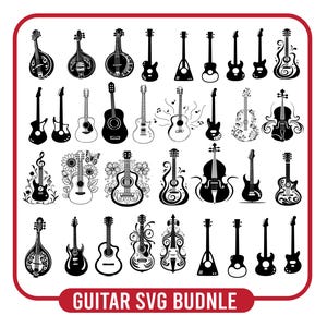 May include: A collection of black and white guitar illustrations in various styles, including acoustic, electric, and bass guitars. The image features a variety of designs, from simple outlines to ornate, decorative patterns. The text "GUITAR SVG BUNDLE" is at the bottom.