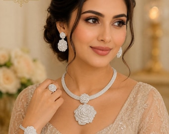 Luxury Silver Floral Crystal Jewelry Set – Necklace, Earrings & Ring for Women