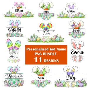 May include: A digital PNG bundle featuring 11 Easter-themed designs. Each design includes bunny ears, a name, and decorative elements like eggs, carrots, and paw prints. The designs are in various colors, including pastels and rainbow hues.