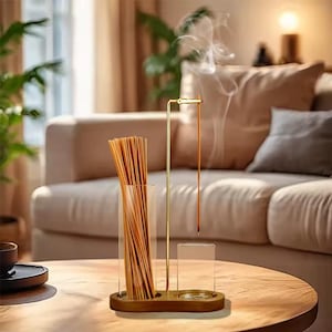 Peut inclure: Un porte-encens en bois avec un support en métal doré. Le support contient un récipient en verre transparent rempli de bâtonnets d'encens. Un bâtonnet d'encens allumé dégage de la fumée. Le support est posé sur une table ronde en bois.