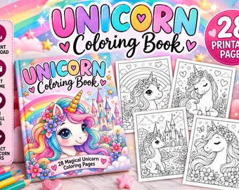 Op de afbeelding: Een digitaal eenhoorn kleurboek met 28 printbare pagina's. De omslag toont een kleurrijke eenhoorn met een gouden hoorn, een kasteel en regenbogen. Vier zwart-wit kleurplaten tonen eenhoorns in verschillende omgevingen met bloemen en hartjes.