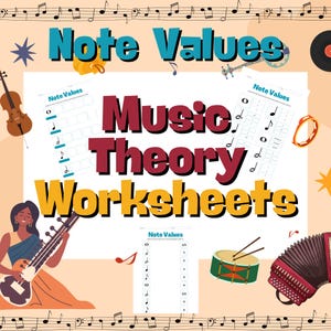 Pode incluir: Ilustração colorida com o texto "Note Values" e "Music Theory Worksheets". A imagem apresenta instrumentos musicais como um violino, um tambor e um acordeão, juntamente com notas musicais e folhas de trabalho de teoria musical.