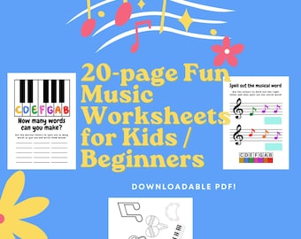 Hojas de trabajo divertidas de música para niños y principiantes, imprimibles en PDF, con conceptos básicos de teoría musical y nombres de notas.