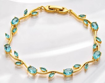 Gold Floral Bracelet – Blue Crystal Leaf Vine Jewelry, Brass Plated, 17cm+5cm Extension