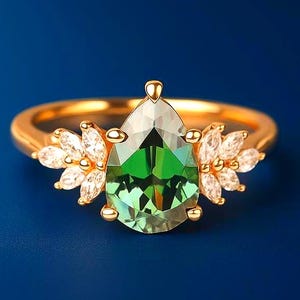 Pear Green Gemstone Engagement Ring: Gold Leaf Moissanite Cluster, Nature Inspired