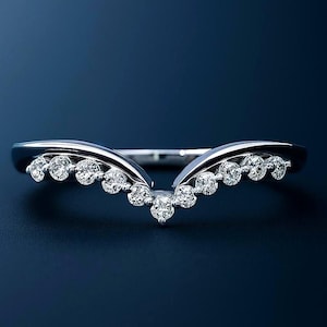 Moissanite Chevron Wedding Band: White Gold V Stacking Ring