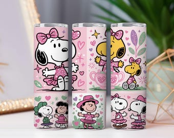Funda para vaso de Snoopy y sus amigos rosa – Sublimación de dibujos animados en tonos pastel (PNG)