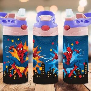 Spider Superhero 12oz Kinderbeker Wrap PNG | Blauwe Comic City Drinkbeker met Flip Top Sublimatie Design | Digitale Download