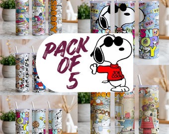 Paquete de 5 vasos de 20 oz con diseño de perro de dibujos animados PNG / Diseños de sublimación de vasos delgados sin costuras / Descarga digital