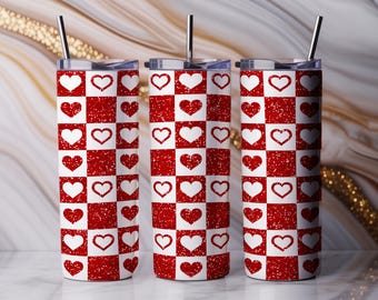 Envoltorio para vaso con forma de corazón rojo brillante / Tablero de ajedrez de San Valentín (descarga digital)