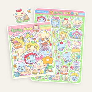 Peut inclure: Deux planches d'autocollants rectangulaires et un autocollant individuel représentant des personnages de dessins animés aux couleurs pastel dans un parc. Les planches sont étiquetées Spring Park et incluent diverses illustrations d'animaux, de nourriture et d'éléments naturels.