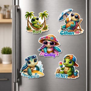 May include: Five decorative refrigerator magnets featuring cartoon turtles in summer holiday scenes. Each magnet displays a unique turtle character with a name printed below: Mark in a hammock, Ethan in a beach chair, Emily with a floral hat, David surfing, and Henry with a popsicle.