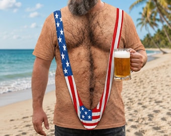Personalized 3D Hairy Body Swimsuit Shirt, Funny Patriotic Mankini Tee, USA Flag Costume Shirt, 4th of July Gag Gift for Men, Abs Men Shirt
