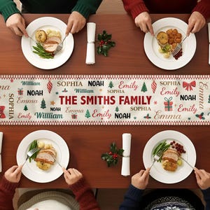 May include: A rectangular table runner featuring a cream background with a repeating pattern of the names William, Sophia, Noah, and Emma in various colors and fonts, centered with the red text THE SMITHS FAMILY and holiday icons.