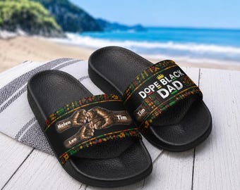 Personalized Dope Black Dad, Dope Dad Slide Sandals, Custom Fathers Day Gift For Husband, Fist Bump Papa Slides, Summer Beach Footwear