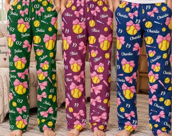 Coquette Bow Softball Custom Name Number Lounge Pants, Personalized Gift for Softball Player, Softball Team Girly Christmas Sleepwear Gift
