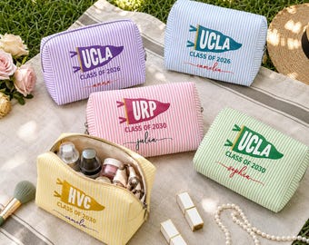Personalized School Pennant Flag Makeup Bag, Custom College Graduation Class of 2026 Gift, Sorority Toiletry Bag, Graduation Gift For Her