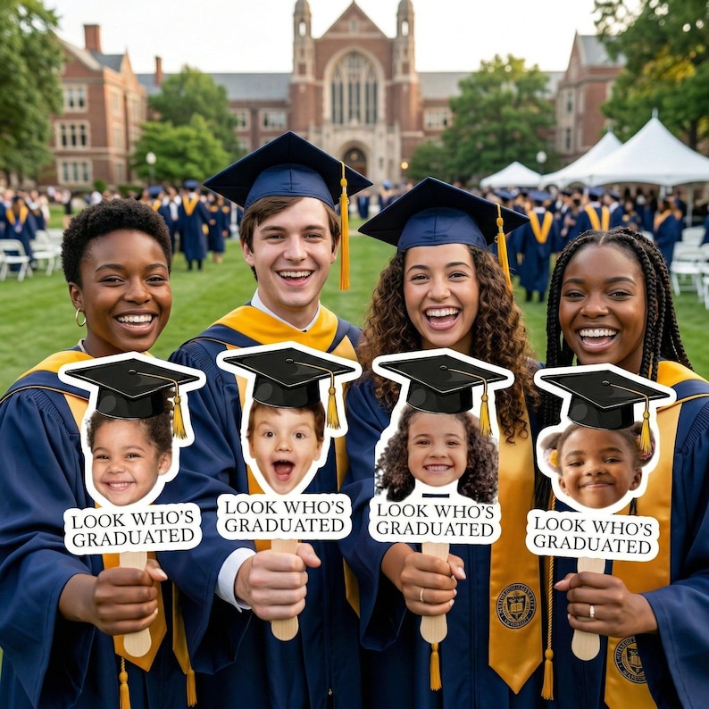 Może przedstawiać: Czterech absolwent&oacute;w w niebieskich i złotych szatach i czapkach uśmiecha się, trzymając znaki z twarzami dzieci i napisem "LOOK WHO'S GRADUATED". Tło przedstawia ceremonię ukończenia studi&oacute;w.