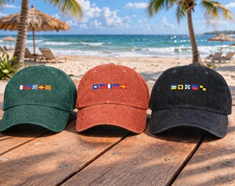 Nautical Flags Personalized Distressed Denim Cap, Custom Sailing Maritime Flag Gift for Men Dad, Nautical Alphabet Boat Hat