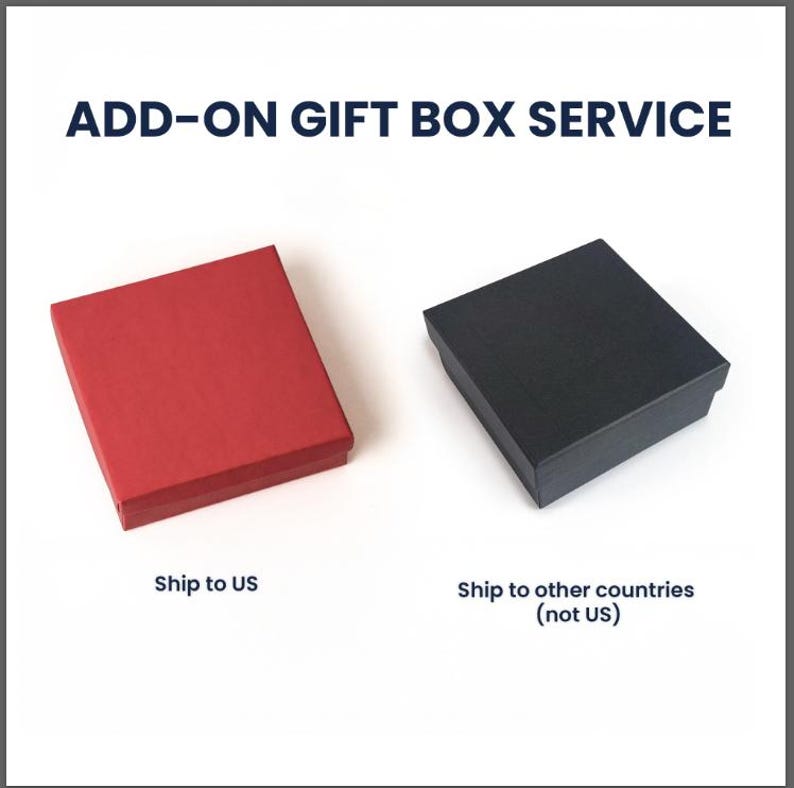 May include: Two rectangular gift boxes, one red and one black, are displayed against a white background. The text "ADD-ON GIFT BOX SERVICE" is at the top. The red box is labeled "Ship to US," and the black box is labeled "Ship to other countries (not US)."