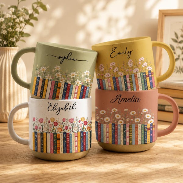 Custom Name & Birthflower Pottery Mug, Personalized Gift for Book Lovers, Book Clubs, Librarian Mug, Floral Reading Cup, Bookish Gift