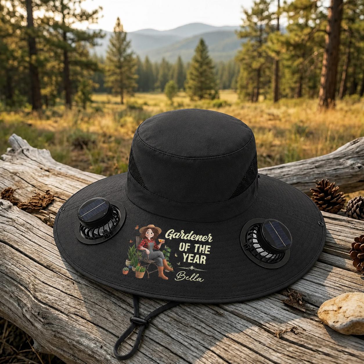 Custom Plant Lady Gardener Of The Year Solar Fan Hat, Personalized Birthday Garden Gifts For Gardeners, Sun Protection Hat With Fans for Her