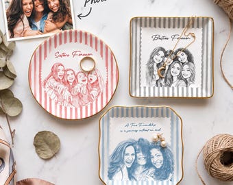 Custom Friendship Stripe Vintage Cottage Photo Jewelry Dish, Personalized Ceramic Trinket Tray for Friend, Birthday Gift For Besties