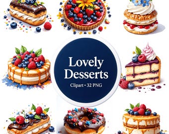 Dessert Clipart Pack • 32 PNG • Cakes, Pastries, Sweets • White Background