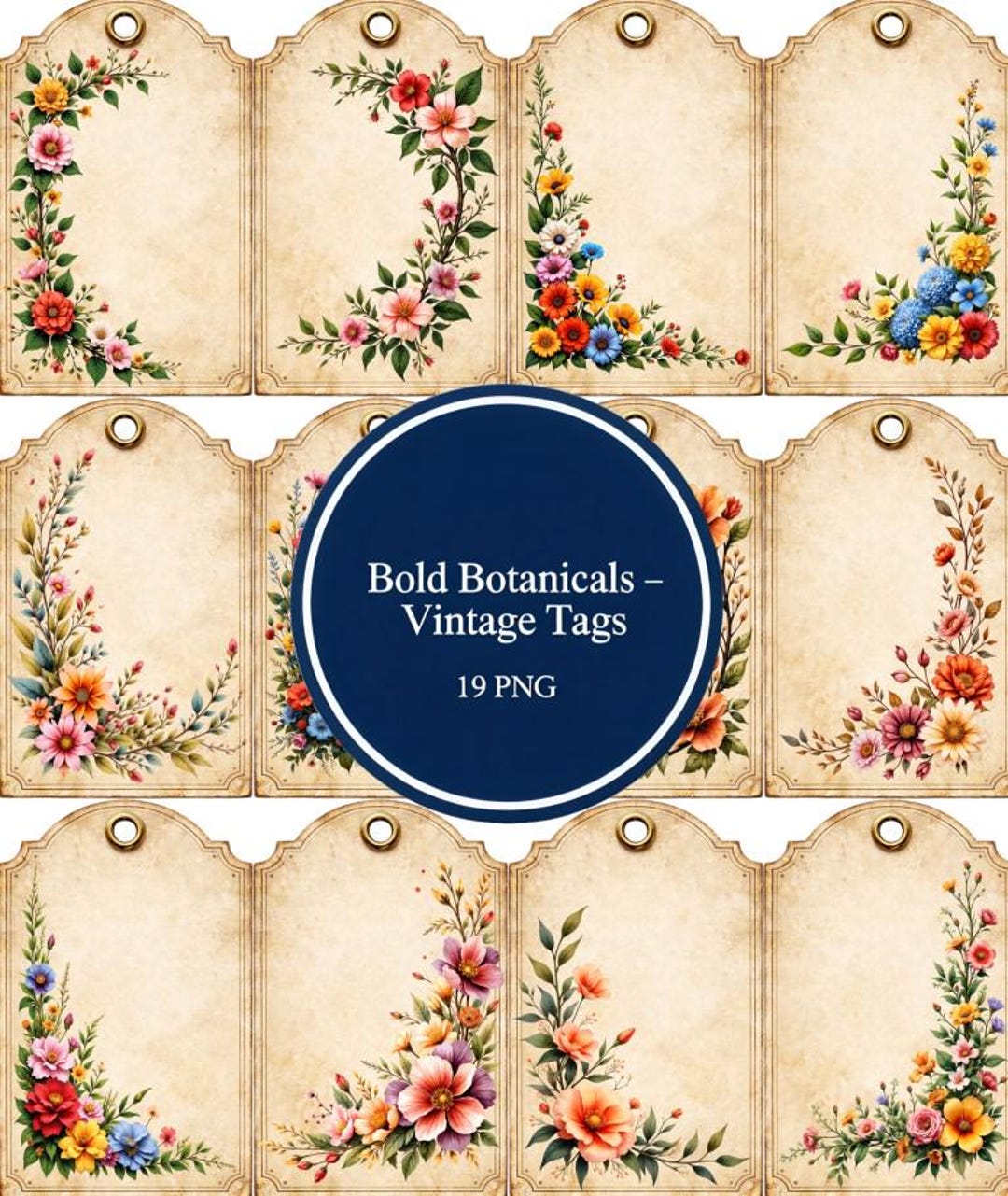 Vintage Botanical Tags, Bold Floral Corners, Warm Coral & Green (19 ...