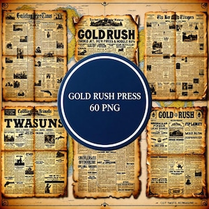 以下が含まれることがあります： 地図の背景を持つ、ヴィンテージスタイルの新聞ページのコレクション。新聞は、古紙、太字の見出し、イラストが特徴です。中央の青い円には「GOLD RUSH PRESS 60 PNG」と書かれています。全体的なテーマは歴史的でアンティークです。