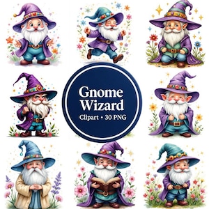 Puede incluir: Una colección de imágenes prediseñadas de gnomos magos. Cada gnomo tiene una larga barba blanca, un sombrero puntiagudo y una túnica. Los gnomos están rodeados de flores y estrellas. El texto "Gnome Wizard Clipart • 30 PNG" está en un círculo azul marino.