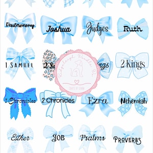 May include: A collection of light blue bows featuring various patterns and solid colors, each labeled with a book of the Bible in black script. The bows include names like Genesis, Exodus, Leviticus, Numbers, Deuteronomy, Joshua, Judges, Ruth, 1 Samuel, 2 Samuel, 1 Kings, 2 Kings, 1 Chronicles, 2 Chronicles, Ezra, Nehemiah, Esther, Job, Psalms, and Proverbs.