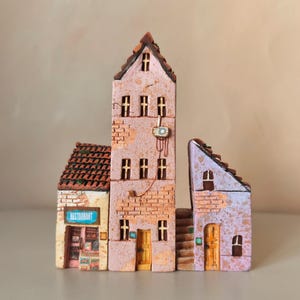 Miniature Ceramic House Set: Whimsical Village Figurines, Handmade Clay Art