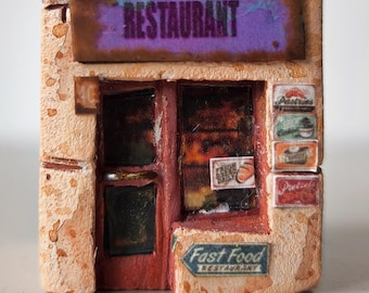 Miniature Village House Set — Hand-Painted Ceramic Yellow & Brown Apartment | Shelf Decor Gift