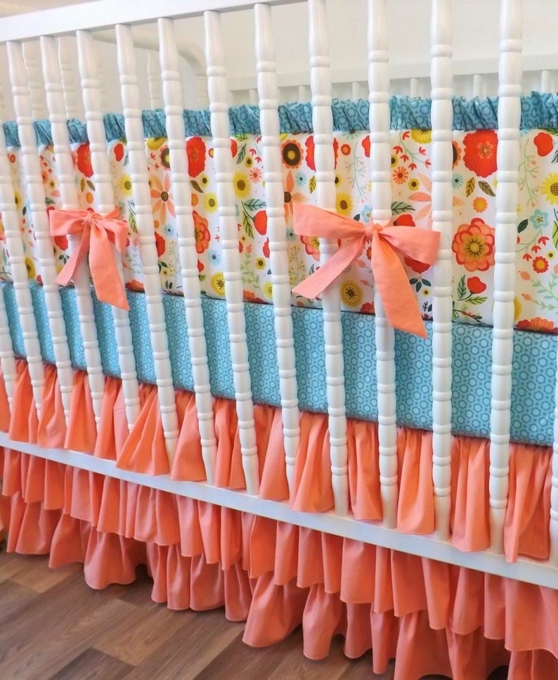 Girl Crib Bedding Peach Baby Ready To Ship Fl Custom Set And Blue