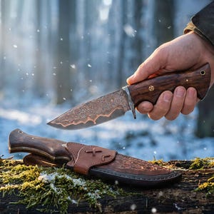 Handgefertigtes Jagdmesser, Kupfer-Damast-Stahl mit fester Klinge, Bobcat Messer | Palisander Griff Custom Taschenmesser mit Lederscheide, Camping Tool