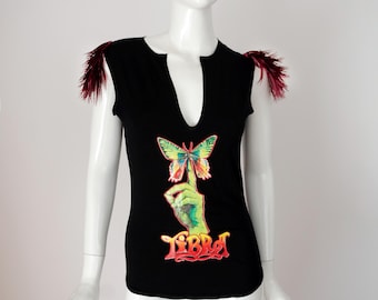 Chloé FW 2000 RTW Black Top With Libra Zodiac Print & Magenta