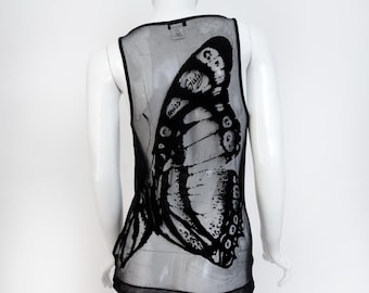 Miss Sixty Campaign Black Mesh Butterfly Wings Devoré Velvet Vintage Tank Top