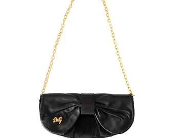 D&G Dolce Gabbana Schwarz Gold Schleife Kalbshaar / Leder Clutch Kette Umhängetasche Vintage