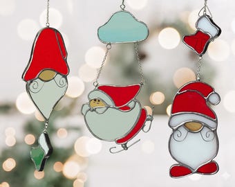 Stained Glass Santa Suncatcher: Handmade Christmas Tree Decor, 8in