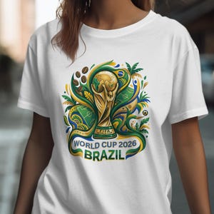 FIFA World Cup 2026 Brazil trophy design on a white t-shirt.