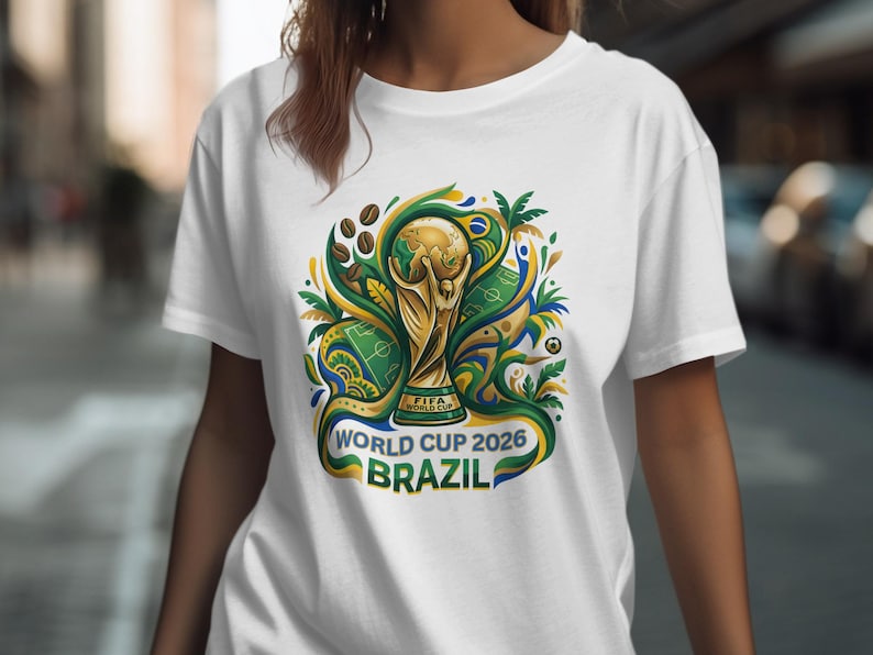 FIFA World Cup 2026 Brazil trophy design on a white t-shirt.
