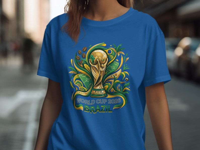 Blue t-shirt with FIFA World Cup 2026 Brazil trophy graphic.
