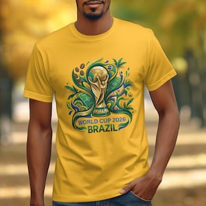 Yellow t-shirt with FIFA World Cup 2026 Brazil trophy graphic.