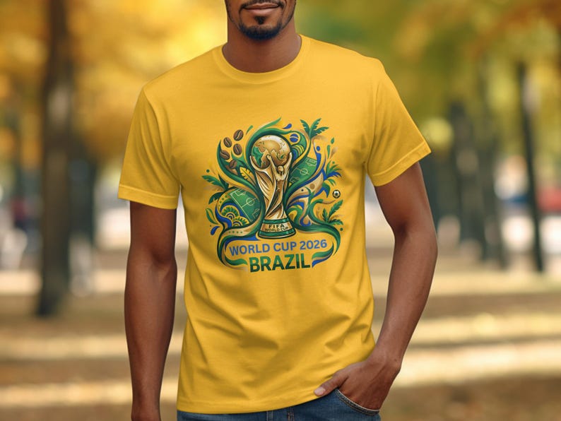 Yellow t-shirt with FIFA World Cup 2026 Brazil trophy graphic.
