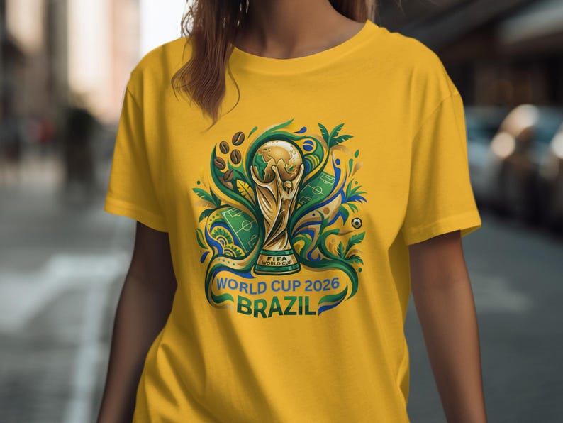 Yellow t-shirt with FIFA World Cup 2026 Brazil trophy graphic.
