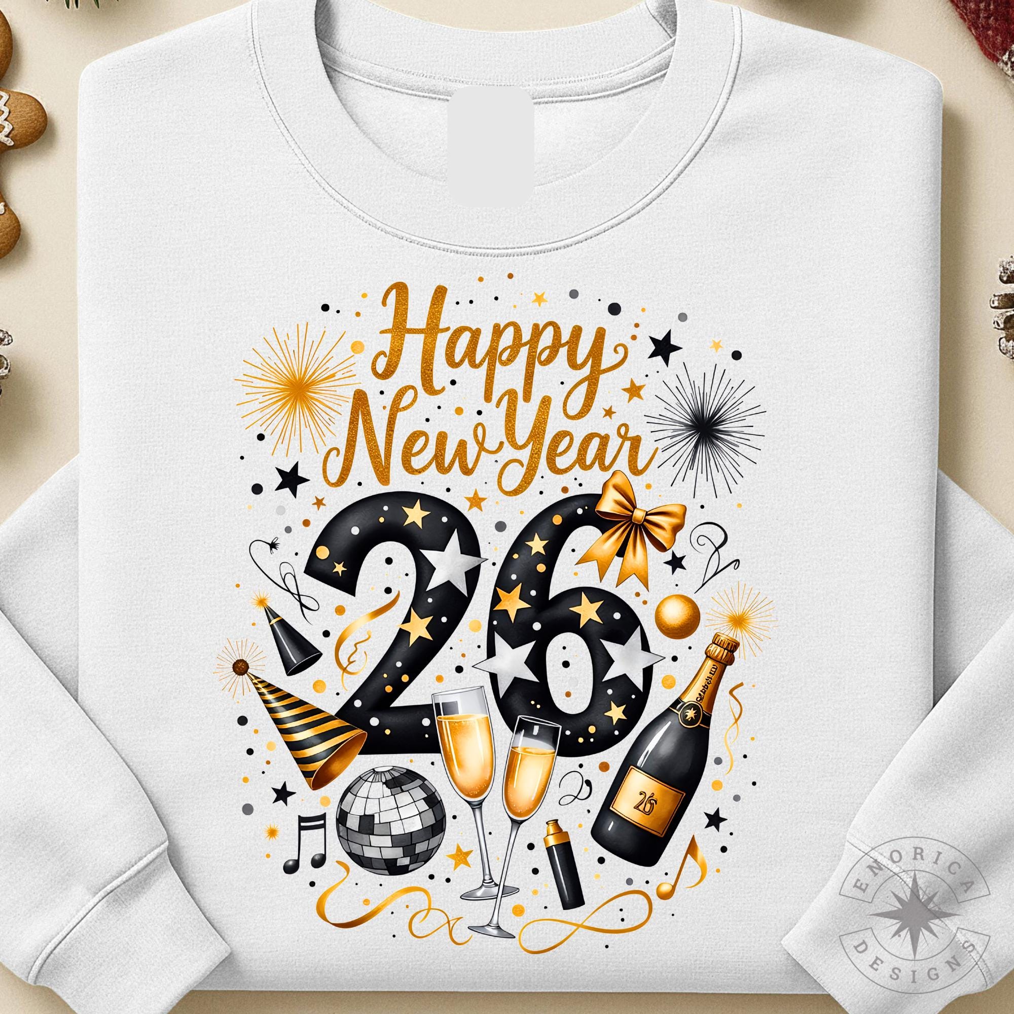 Happy New Year 26 PNG, Black and Gold Glitter Shirt Design 